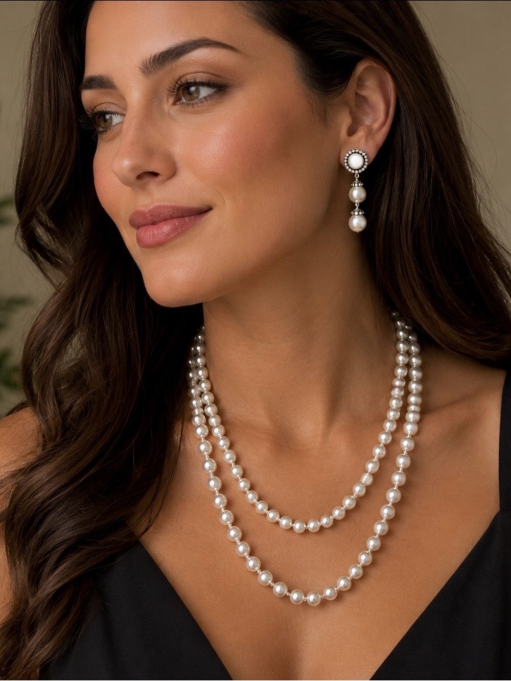 Pearl glass bead long strand necklace and earrings